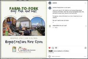 Social media post for Utah Agriculture in the Classroom's Summer Agriculture Institute Farm-to-Fork